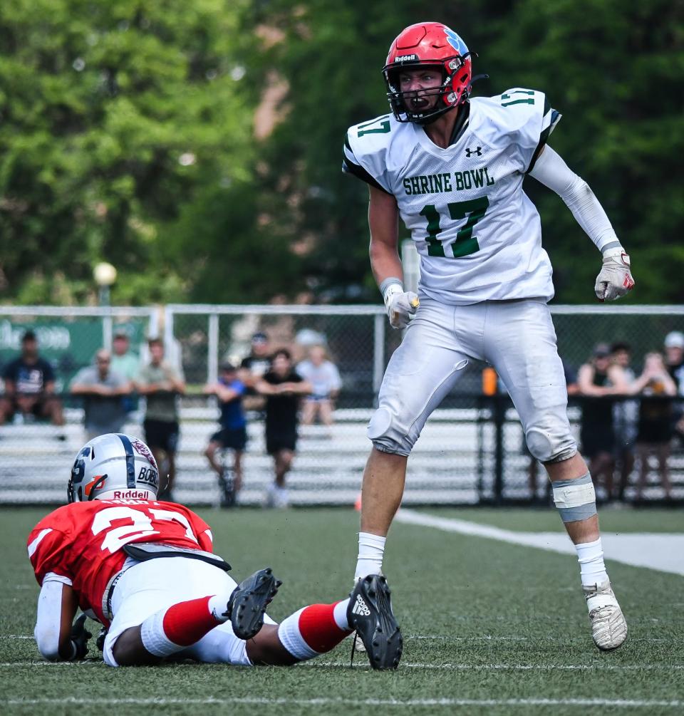 Champlain Valley's Jared Anderson denies New Hampshire a touchdown in the second quarter of the 69th annual Shrine Maple Sugar Bowl at Castleton University's Dave Wolk Stadium on Saturday, Aug. 6, 2022. (Photo by Michael Beniash)