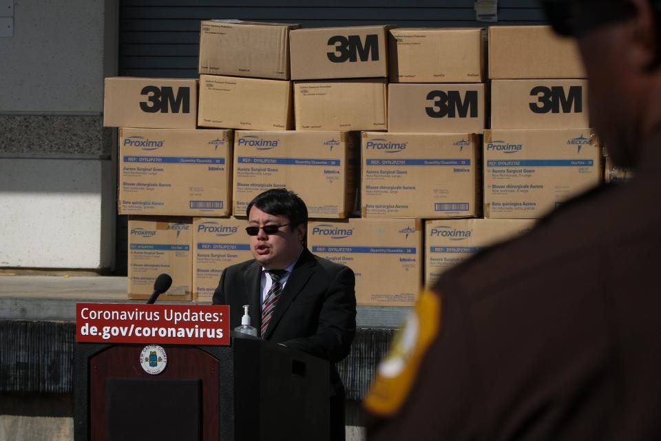 Division of Public Health acting director Rick Hong spoke about the arrival of more personal protective equipment for paramedics in New Castle County in front of boxes of supplies on Monday, April 6, 2020.