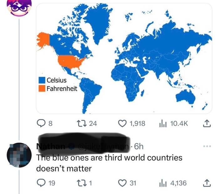 A tweet from Nathan showing a world map marked with regions using Celsius (blue) and Fahrenheit (orange). Nathan's comment: "The blue ones are third world countries doesn't matter."