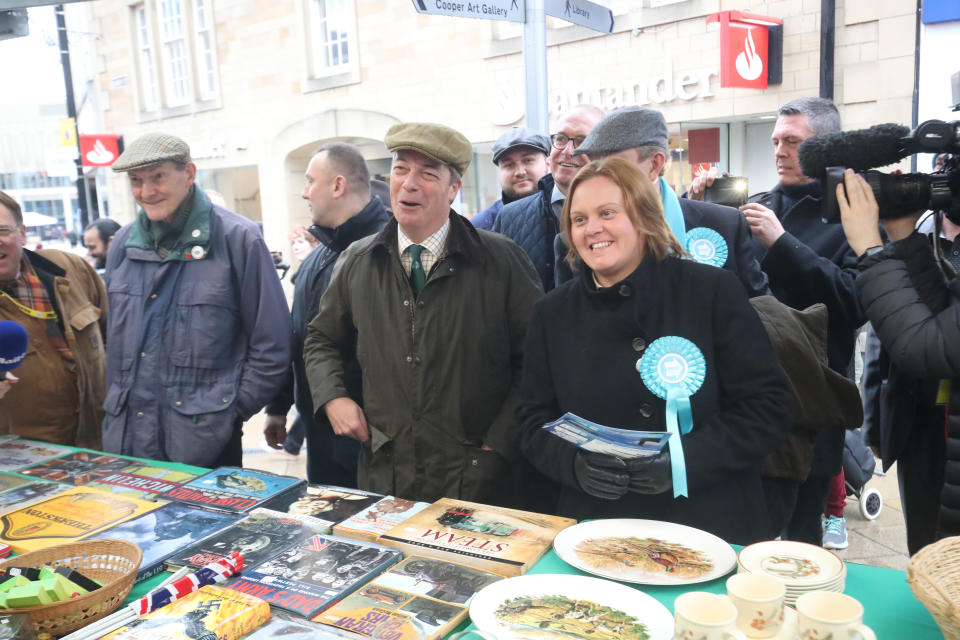 Brexit Party leader Nigel Farage meets locals in Barnsley market, during the General Election.