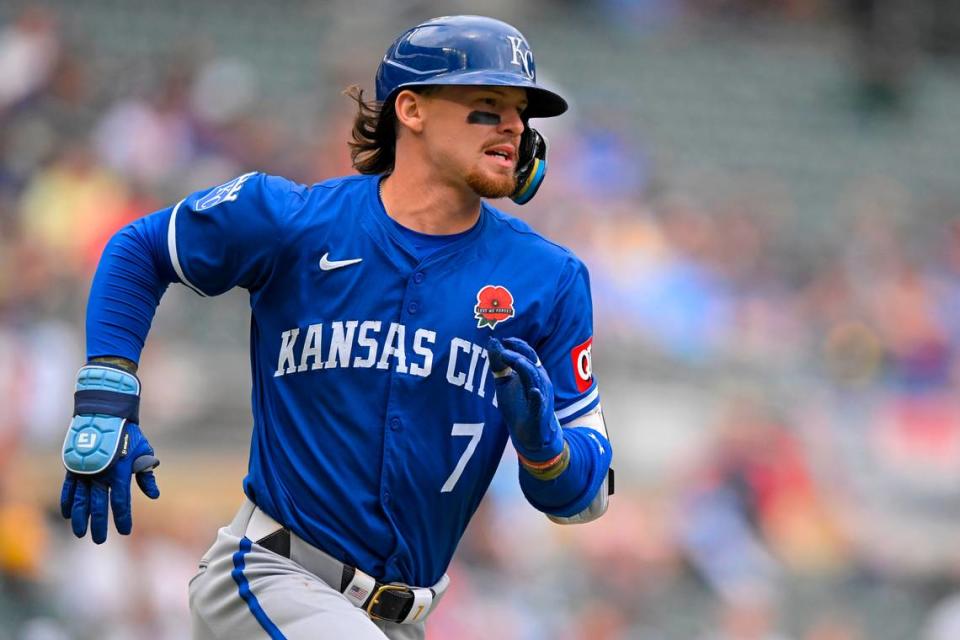 Kansas City Royals shortstop Bobby Witt Jr. heads to first on a single against the Minnesota Twins during Monday’s game at Target Field in Minneapolis.