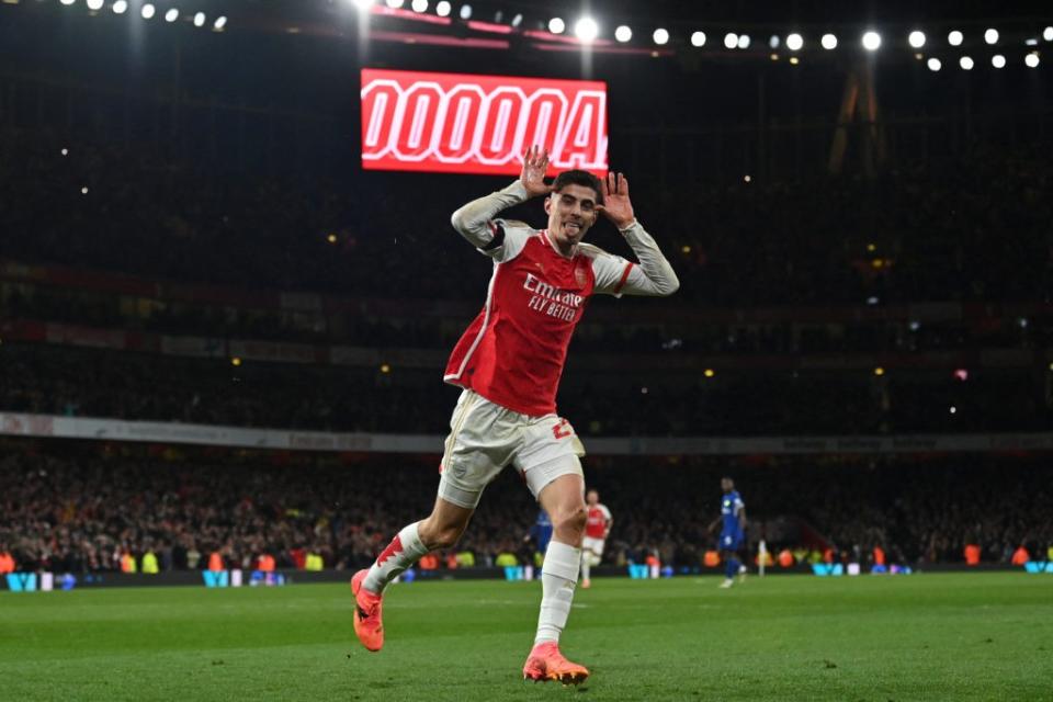 Arsenal's German midfielder #29 Kai Havertz celebrates after scoring their third goal during the English Premier League football match between Arsenal and Chelsea at the Emirates Stadium in London on April 23, 2024. (Photo by GLYN KIRK/AFP via Getty Images)