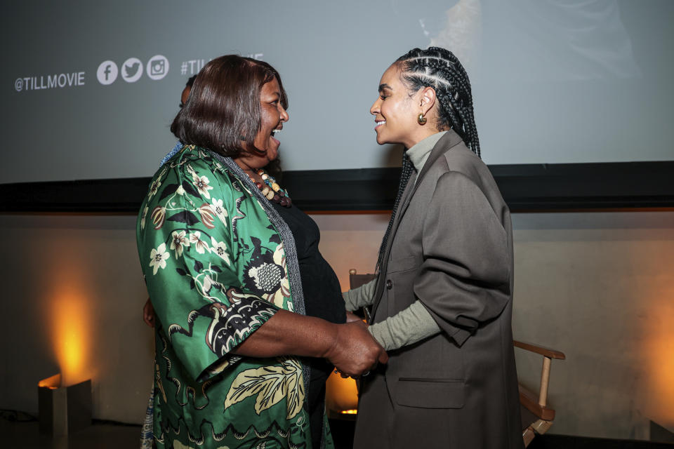 TV personality and writer Natalie Manual Lee, right, speaks with Robin Paul, mother of NBA player Chris Paul, at an event honoring the work of Black women and mothers in Los Angeles on Tuesday, Oct. 11, 2022. The studio and production companies behind the film, “Till,” have partnered in a campaign to recognize women who are continuing Mamie Till-Mobley’s legacy and fight for justice over the 1955 Mississippi lynching of her son Emmett Till. (Nikki Boutte via AP)