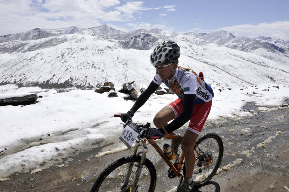 Slovakia's Martin Haring rides during the first stage of the Himalayas 2011 International Mountainbike Race in the mountainous area of Babusar in Pakistan's tourist region of Naran in Khyber Pakhtunkhwa province on September 16, 2011. The cycling event, organised by the Kaghan Memorial Trust to raise funds for its charity school set up in the Kaghan valley for children affected in the October 2005 earthquake, attracted some 30 International and 11 Pakistani cyclists. AFP PHOTO / AAMIR QURESHI (Photo credit should read AAMIR QURESHI/AFP/Getty Images)