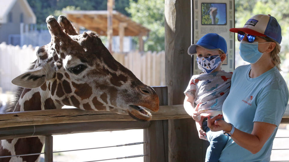Louie Brown and her son Nico, 3, feed a giraffe as they wear their masks at Utah's Hogle Zoo Thursday, July 30, 2020, in Salt Lake City. (AP Photo/Rick Bowmer)