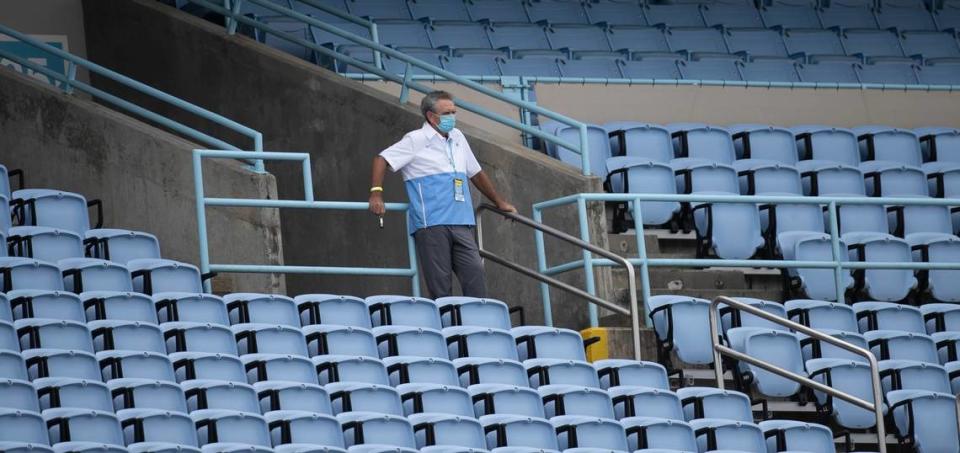 North Carolina athletic director Bubba Cunningham watches the fourth quarter of the Tar Heels’ game against Syracuse at Kenan Stadium on Saturday, September 12, 2020 in Chapel Hill, N.