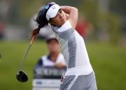 Aug 19, 2017; West Des Moines, IA, USA; USA golfer Danielle Kang tees off on the 4th hole during the second round morning session during The Solheim Cup international golf tournament at Des Moines Golf and Country Club. Mandatory Credit: Brian Spurlock-USA TODAY Sports