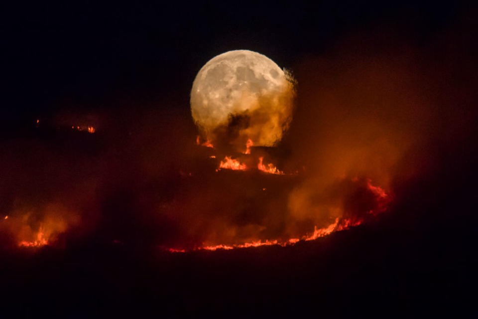 The full moon rises behind burning moorland as a large wildfire sweeps across the moors between Dovestones and Buckton Vale in Stalybridge, Greater Manchester (Picture: Getty)