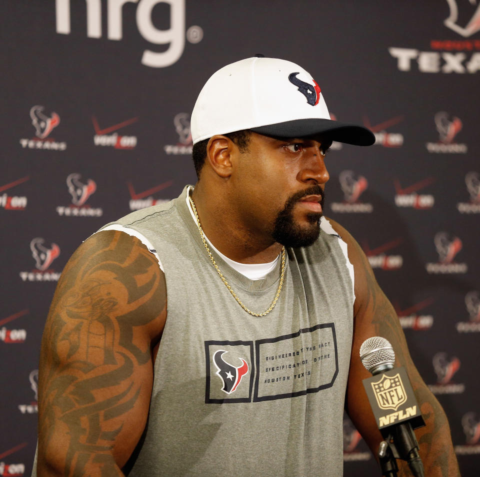 Texans offensive tackle Duane Brown ended his holdout on Monday, after staying away from the team for months. (AP)