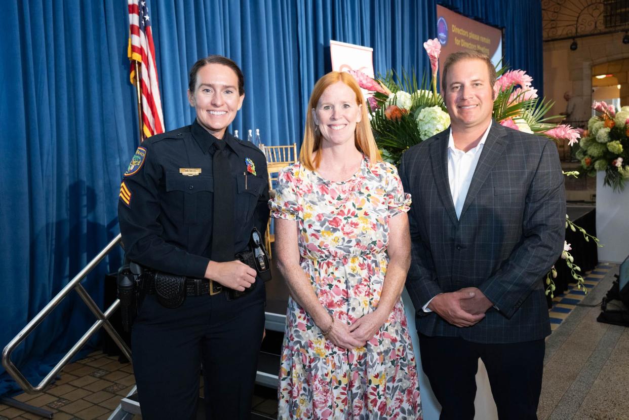 Police Sgt. Kendall Reyes, from left, Palm Beach Public Elementary teacher Katie Judge and Fire-Rescue Lt. Michael Bennett received Raymond J. Kunkel Awards for heroic or meritorious service to Palm Beach on April 8.