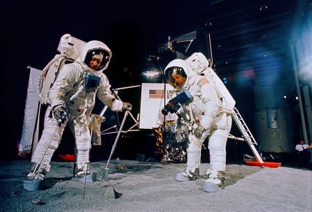 Handout photo of Apollo 11 astronauts Buzz Aldrin (L) and Neil Armstrong during a training session