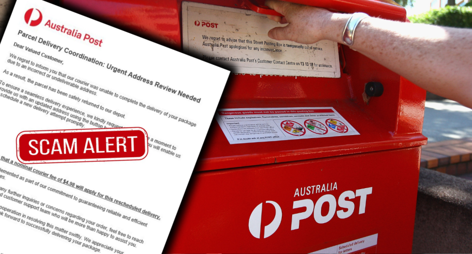 Screenshot of Australia Post email scam next to hand reaching into Australia Post box