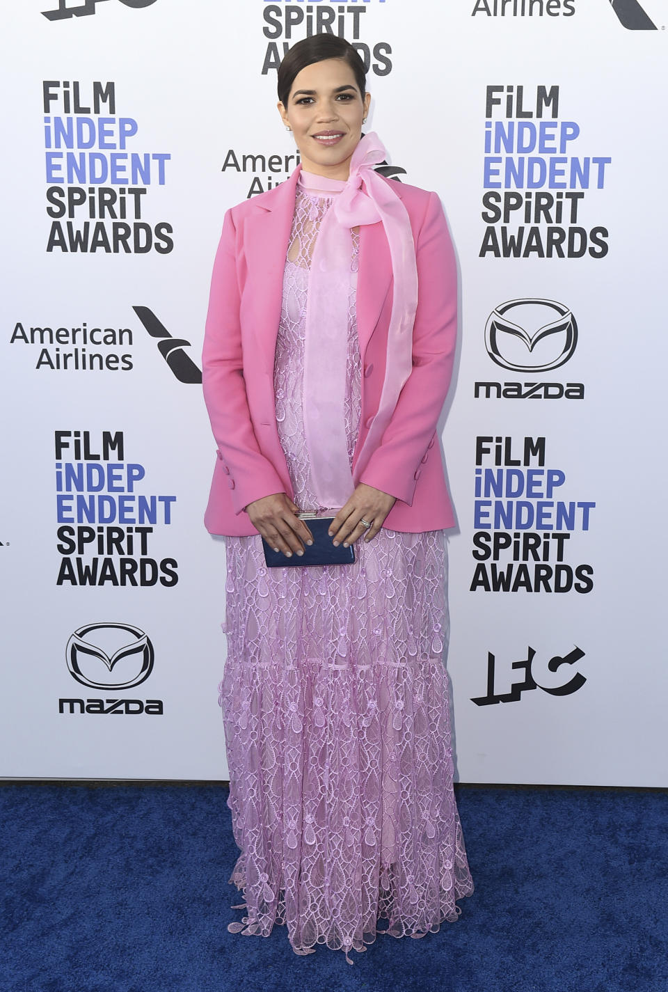 FILE - America Ferrera arrives at the 35th Film Independent Spirit Awards on Saturday, Feb. 8, 2020, in Santa Monica, Calif. Ferrera turns 39 on April 18. (Photo by Jordan Strauss/Invision/AP, File)