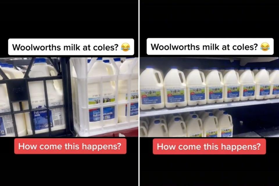 Screenshots of Woolworths milk cartons alongside Coles milk at Coles supermarket. Source: TikTok