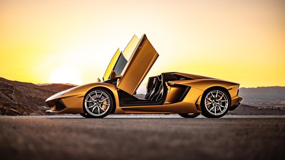 Gold Lamborghini Aventador Sunset at sunset in Nevada