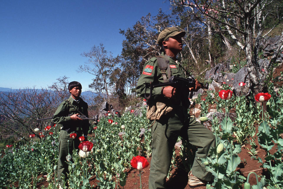 SHAN STATES, MYANMAR - 1992/12/01: United Wa State Army (UWSA) soldiers in a poppy field in southern Wa State near the Thai border.. (Photo by Thierry Falise/LightRocket via Getty Images)