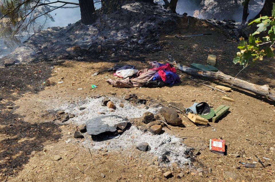 The California Department of Forestry and Fire Protection posted on Facebook this photo of a camp along with the announcement that an illegal camp and encampment caused the 34-acre Branstetter Fire on Thursday.