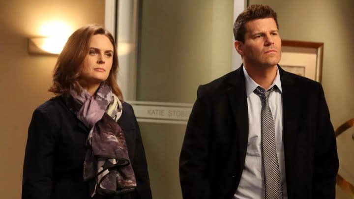 Bones and Booth standing together in an office looking at someone on Bones.