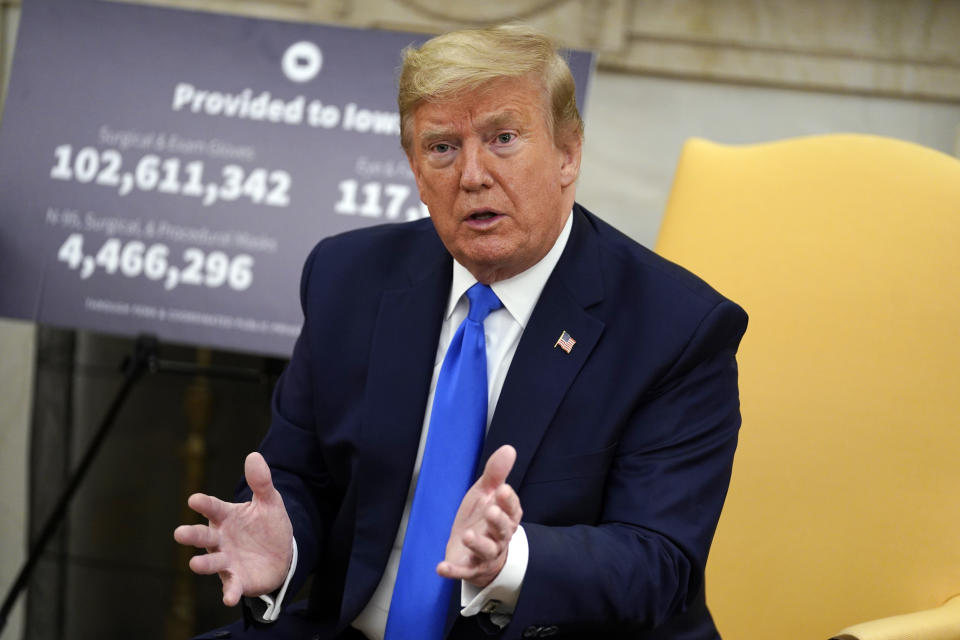 President Donald Trump speaks during a meeting with Gov. Kim Reynolds, R-Iowa, in the Oval Office of the White House, Wednesday, May 6, 2020, in Washington. (Evan Vucci/AP) 