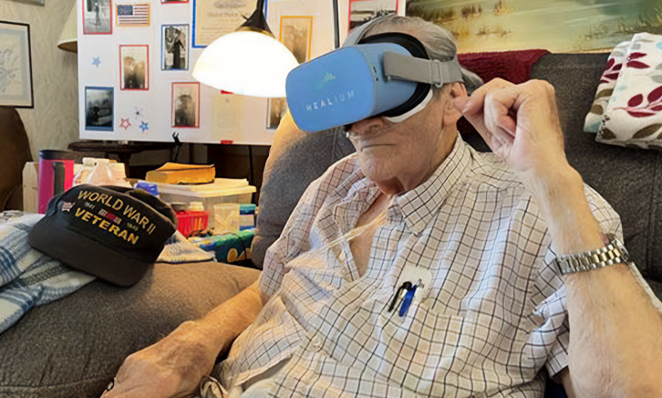 World War II veteran JD Sinclair experiencing a VR visit to war memorials in the Nation's Capital. The rural Missouri man was a Seaman 2nd Class during WWII stationed aboard the USS Columbia in the North Atlantic.