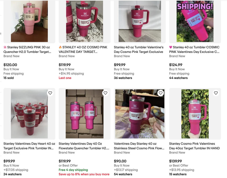 Screenshot of Stanley tumblers being sold on eBay, with prices ranging from $100 to $140