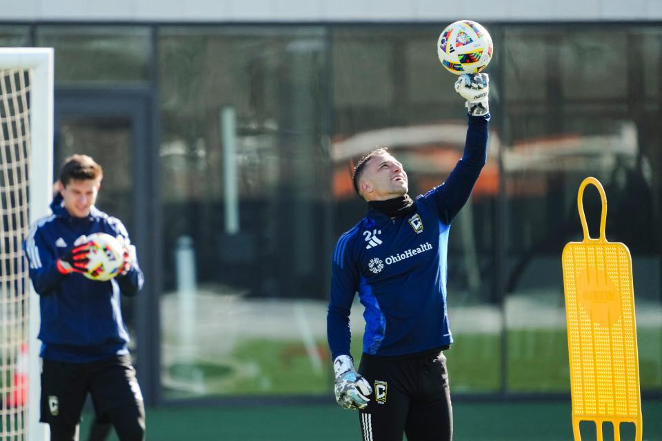 Feb 5, 2024; Columbs, OH, USA; Columbus Crew goalkeeper Evan Bush (24) juggles a ball with his fist during preseason training at the OhioHealth Performance Center.