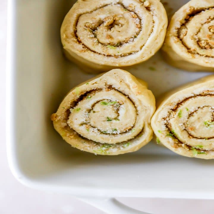 Sweet buns in a baking dish.