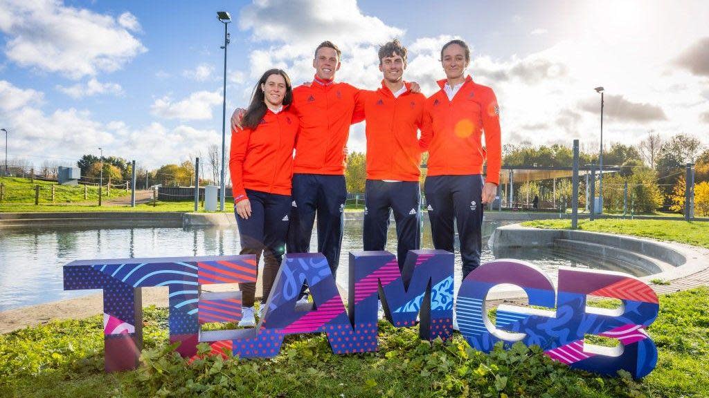 Paris 2024 Team GB Canoe Slalom Team Announcement featuring left to right: Kimberley Woods, Joe Clarke, Adam Burgess and Mallory Franklin