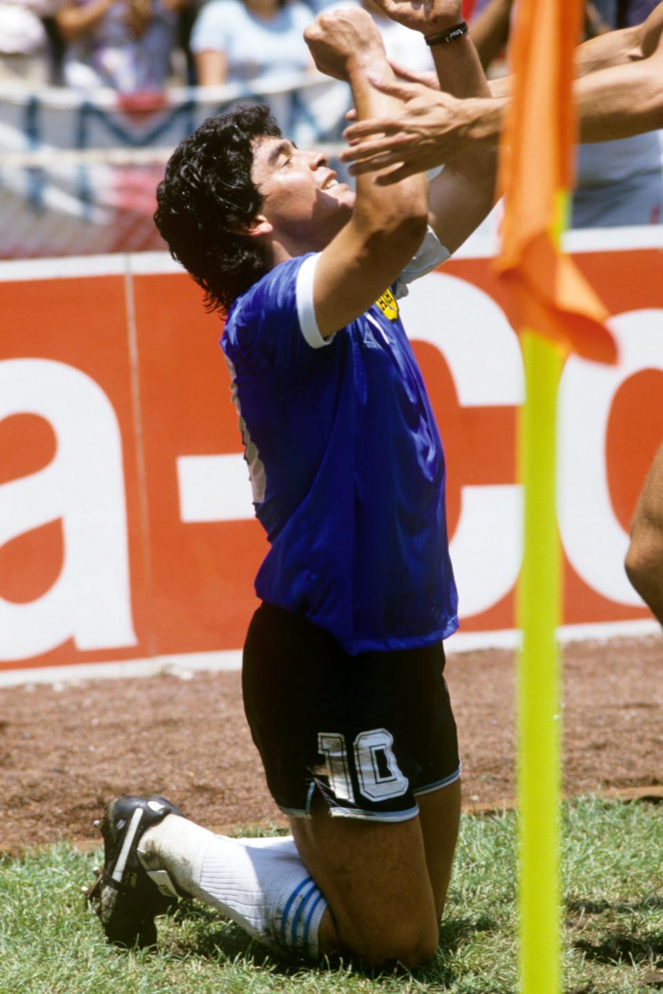 <p>… and Maradona goes off to hide behind a corner flag to celebrate </p>