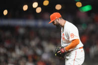 San Francisco Giants' Jakob Junis reacts after striking out Arizona Diamondbacks' Seth Beer during the seventh inning of a baseball game in San Francisco, Tuesday, Aug. 16, 2022. (AP Photo/Godofredo A. Vásquez)