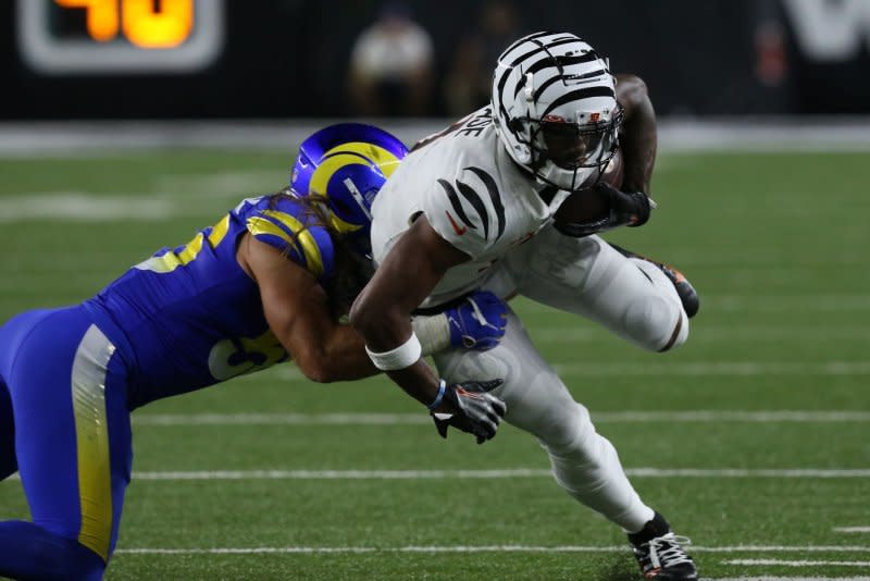 Cincinnati Bengals star Ja'Marr Chase (R) could receive more targets this week if fellow wide receiver Tee Higgins misses time because of a rib injury. File Photo by John Sommers II/UPI