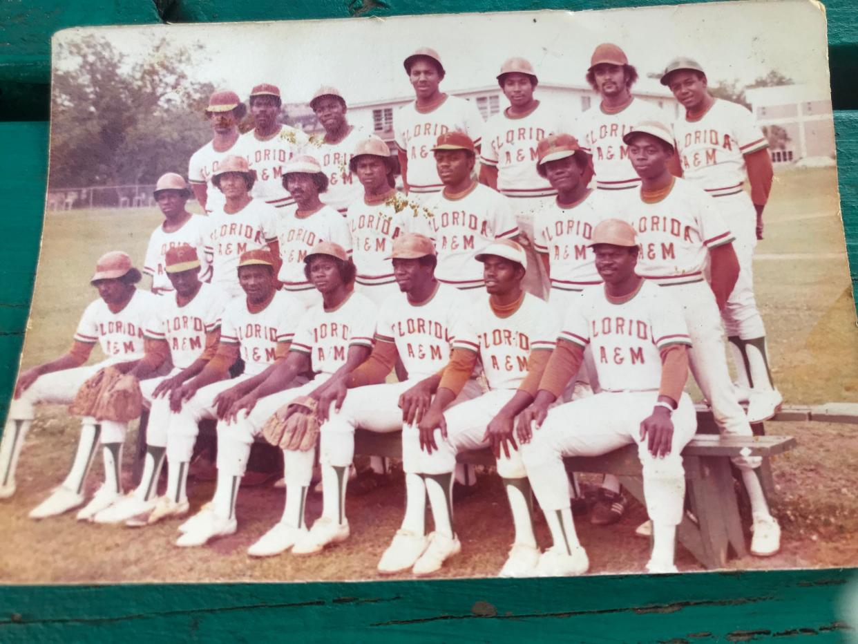 Keith Prewitt (top row, second from the right) showed teammates this FAMU baseball team photo from 1973 during the reunion. MLB Hall of Famer Andre Dawson is the first from the left seated in the front row.