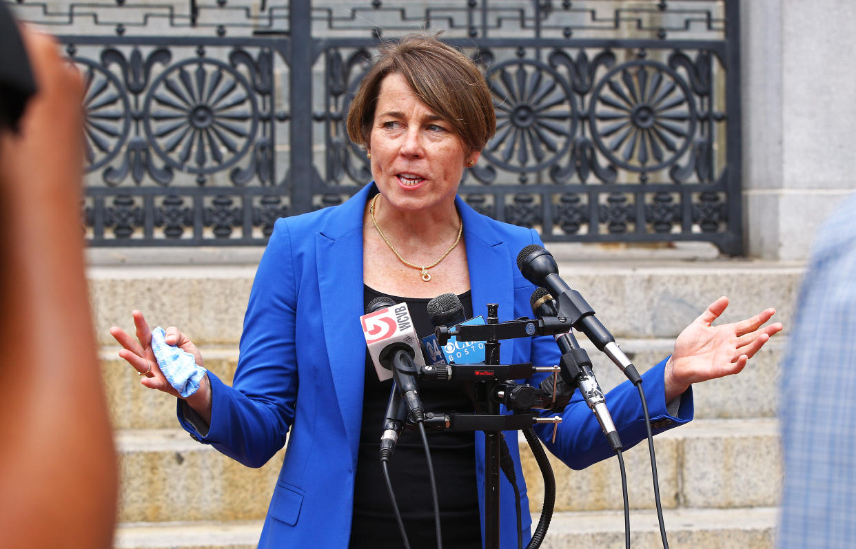 BOSTON, MA - JULY 13: Attorney General Maura Healey and international students rally at the State House against ICE visa rules that would potentially remove students from the country or prevent others reentry, weeks before fall semester begins, during the coronavirus pandemic on July 13, 2020 in Boston. (Photo by Pat Greenhouse/The Boston Globe via Getty Images)