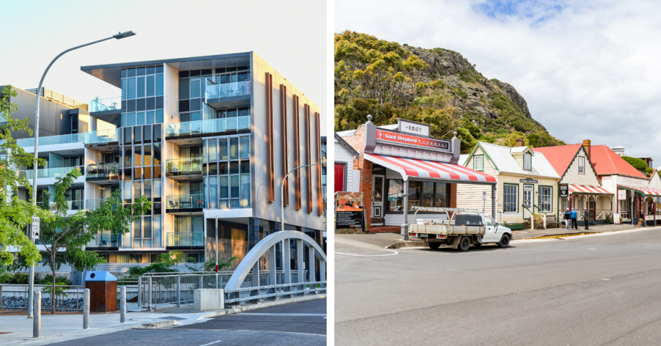 Exterior of a modern apartment block and a rural town in Tasmania.