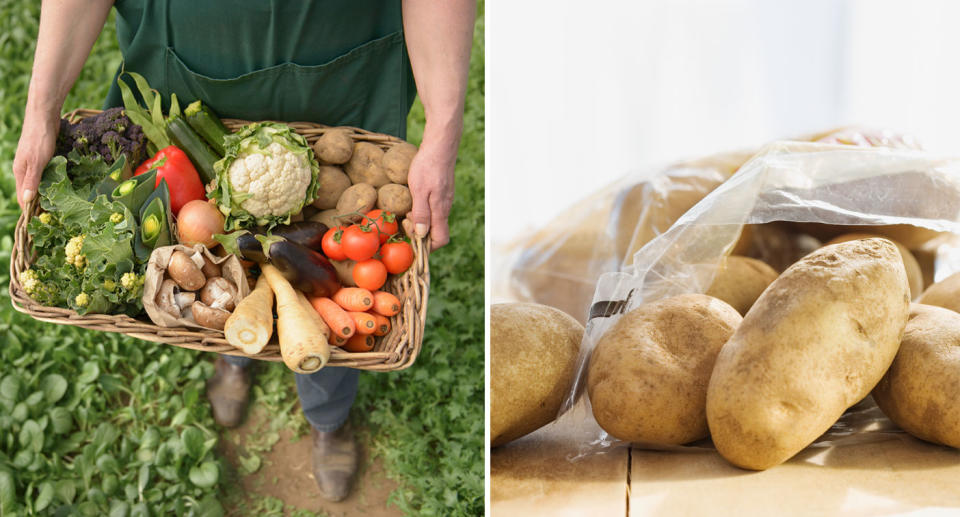 A tray of vegetables and bag of potatoes shown as Australians are urged to buy more organic produce.