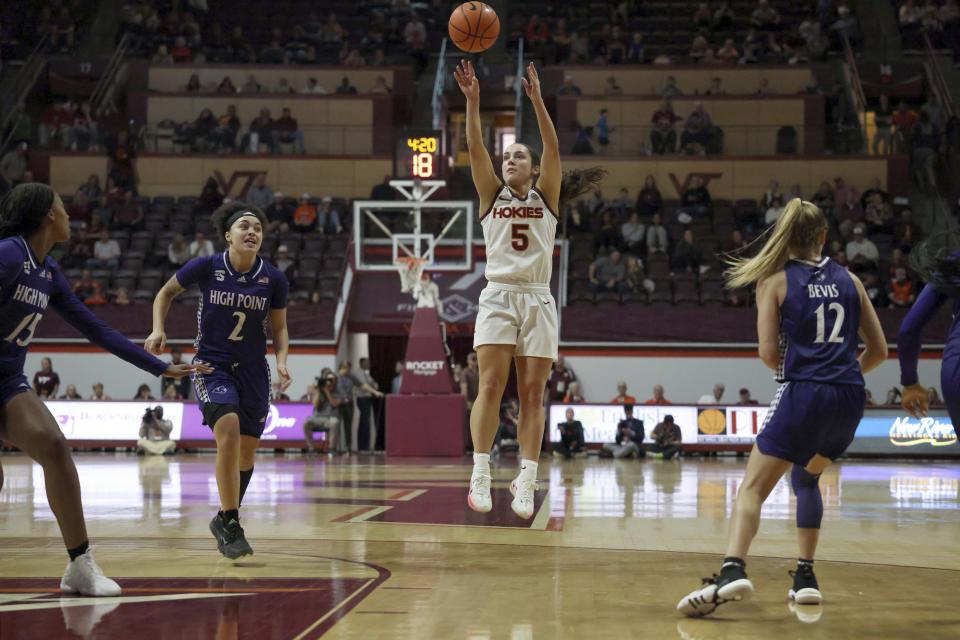 Virginia Tech's Georgia Amoore (5) shoots in the first half of an NCAA college basketball game against High Point in Blacksburg Va., Monday, Nov. 6 2023. (Matt Gentry/The Roanoke Times via AP)/The Roanoke Times via AP)