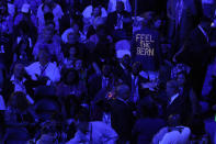 <p>The lighted back of a Bernie Sanders supporter’s jacket stands out among the delegates during the first day of the Democratic National Convention in Philadelphia , Monday, July 25, 2016. (AP Photo/Mary Altaffer)</p>