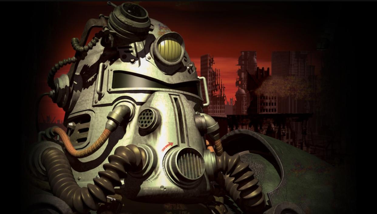  Fallout Power Armor helmet looking to right with darkened red city in background. 