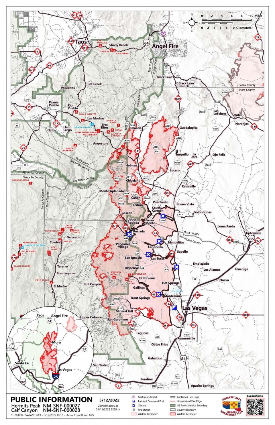 A map of the Calf Canyon/Hermits Peak fire in New Mexico as of May 12, 2022 (InciWeb/Southwest Area Incident Managment Team)