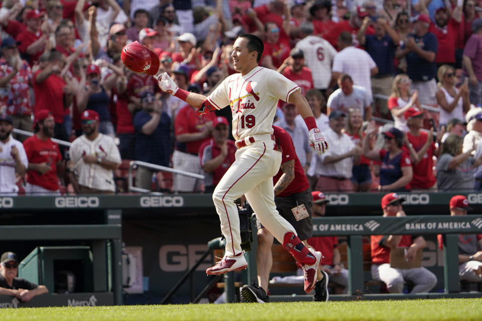 St. Louis Cardinals' Tommy Edman (19) celebrates after hitting a walk-off two-run home run during the ninth inning of a baseball game against the Cincinnati Reds Saturday, June 11, 2022, in St. Louis. The Cardinals won 5-4. (AP Photo/Jeff Roberson)