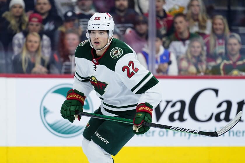 Minnesota Wild's Kevin Fiala skates during an NHL hockey game against the Philadelphia Flyers on March 3, 2022.