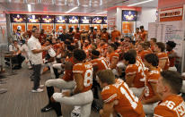 Texas Longhorns head coach Tom Herman talks with the team in the locker room after the game against the LSU Tigers Saturday Sept. 7, 2019 at Darrell K Royal-Texas Memorial Stadium in Austin, Tx. LSU won 45-38. ( Photo by Edward A. Ornelas )