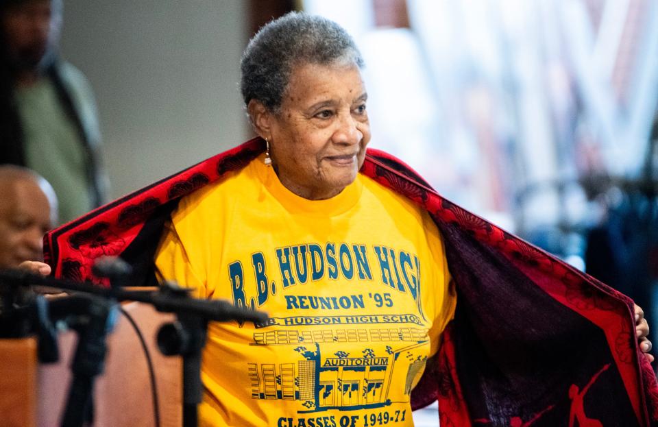 Louretta Wimberly shows her R.B. Hudson High School t-shirt as she is honored during the Foot Soldiers Breakfast in Selma, Ala., on Saturday March 2, 2024.