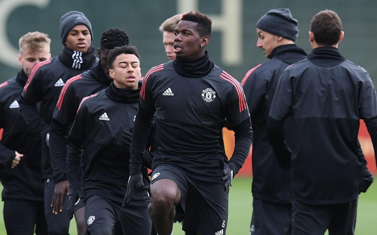 Paul Pogba and his United team-mates in training ahead of tonight's clash - AFP
