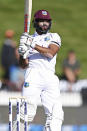 West Indies opener John Campbell bats during play on day two of the first cricket test between the West Indies and New Zealand in Hamilton, New Zealand, Friday, Dec. 4, 2020. (Andrew Cornaga/Photosport via AP)