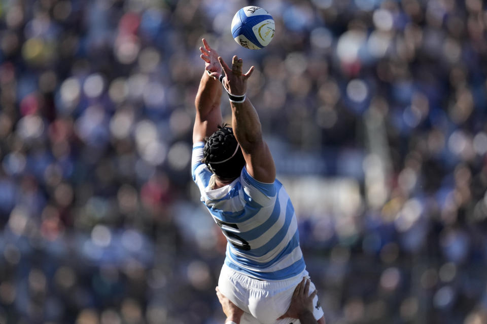 Argentina's Tomas Lavanini tries to grab the line out ball during a Rugby Championship match against Australia, at the Bicentenario stadium in San Juan, Argentina, Saturday, Aug. 13, 2022. (AP Photo/Natacha Pisarenko)