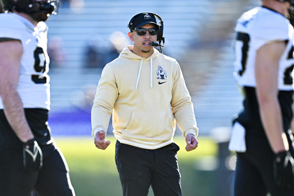 Nov 18, 2023; Evanston, Illinois, USA; Purdue Boilermakers head coach Ryan Walters watches his team play against the Northwestern Wildcats in the fourth quarter at Ryan Field. Mandatory Credit: Jamie Sabau-USA TODAY Sports