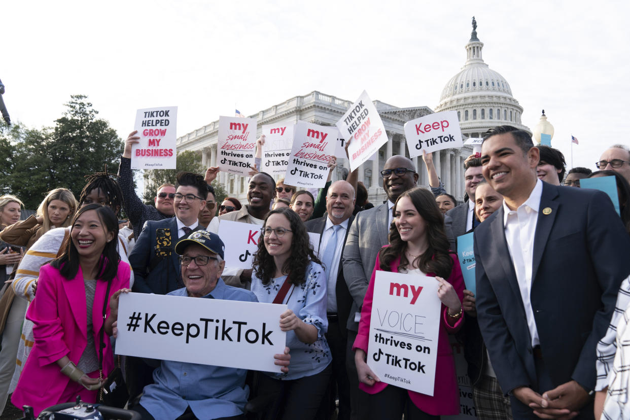 Rep. Jamaal Bowman flanked by Democratic Reps. Robert Garcia of California, right, and Mark Pocan of Wisconsin, left, at the Wednesday rally.