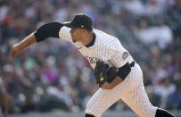 Colorado Rockies starting pitcher Antonio Senzatela works against the Arizona Diamondbacks during the first inning of a baseball game Friday, July 1, 2022, in Denver. (AP Photo/David Zalubowski)