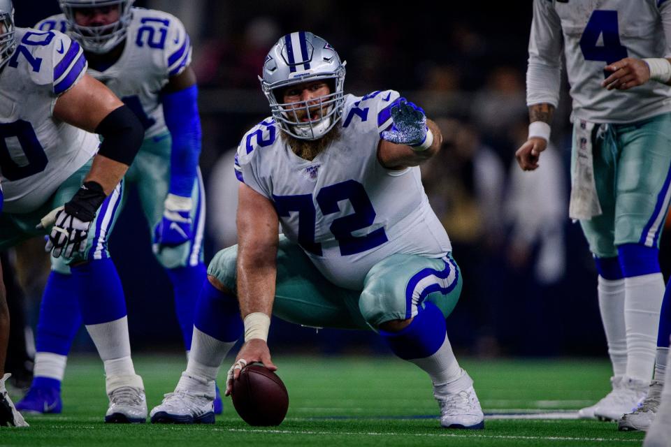 Nov 28, 2019; Arlington, TX, USA; Dallas Cowboys center Travis Frederick (72) in action during the game between the Bills and Cowboys at AT&T Stadium. Mandatory Credit: Jerome Miron-USA TODAY Sports